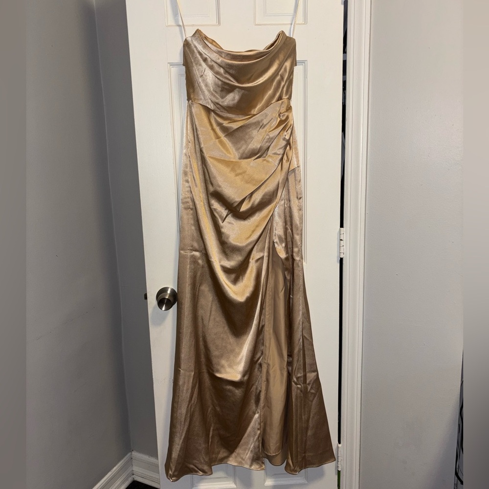 Azazie Leonis Gold Satin Dress - Picture 3 of 6
